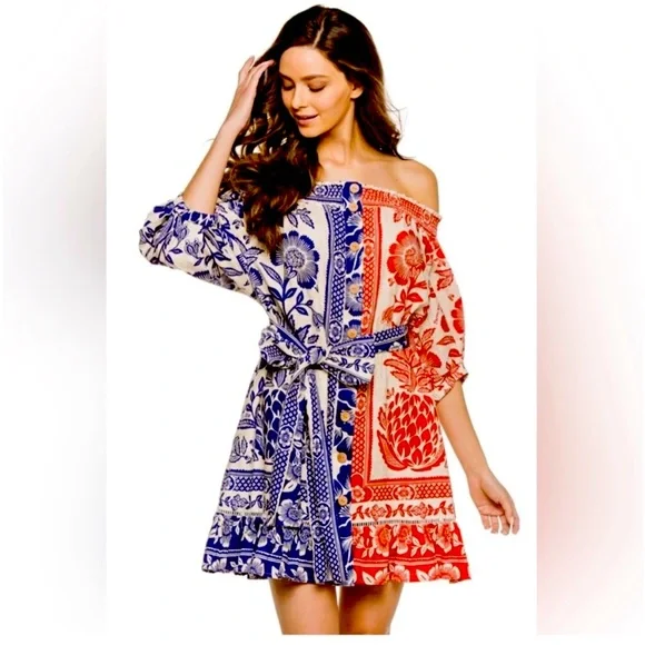 NWT FARM Rio Dress Mixed Pineapple Garden Off Shoulder Mini Dress Med intermix - Picture 2 of 9